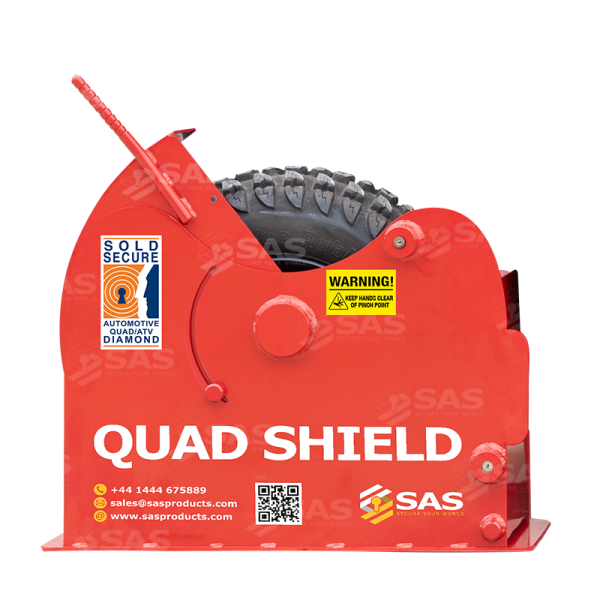 SAS Quad Shield Wheelclamp Shown with wheel inside on locked position with cover open