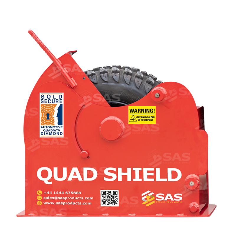 SAS Quad Shield Wheelclamp Shown with wheel inside on locked position with cover open