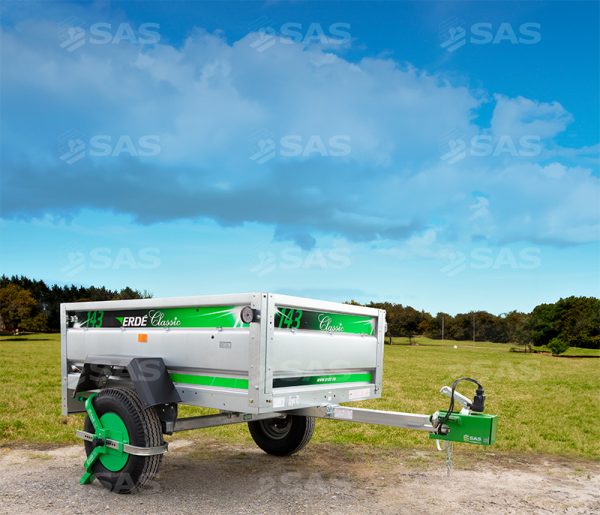 Erde 143 Trailer shown with Wheel clamp and Hitch lock